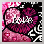 抽象芸術ラブハートピンクフローラ水玉模様ブラック ポスター (正面)