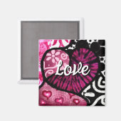 抽象芸術ラブハートピンクフローラ水玉模様ブラック マグネット (正面/裏面)