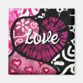 抽象芸術ラブハートピンクフローラ水玉模様ブラック マグネット (正面)