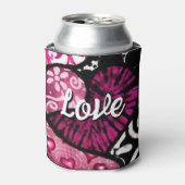 抽象芸術ラブハートピンクフローラ水玉模様ブラック 缶クーラー (缶正面)