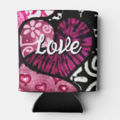 抽象芸術ラブハートピンクフローラ水玉模様ブラック 缶クーラー (裏面)