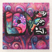 抽象芸術ラブワードグラフィティバレンタインピンク ガラスコースター (正面)