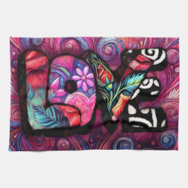 抽象芸術ラブワードグラフィティバレンタインピンク キッチンタオル