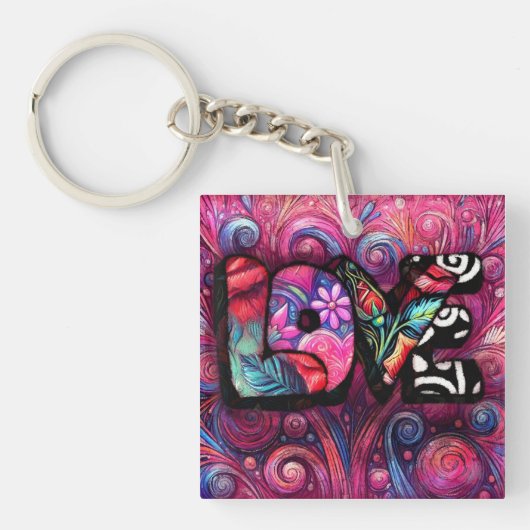 抽象芸術ラブワードグラフィティバレンタインピンク キーホルダー (正面)