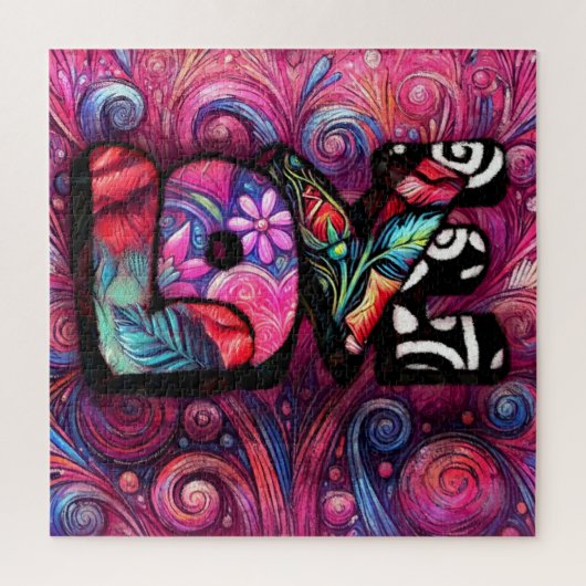 抽象芸術ラブワードグラフィティバレンタインピンク ジグソーパズル (縦)