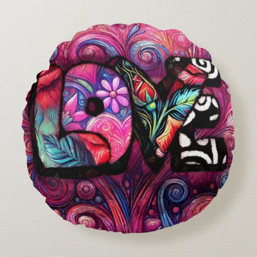 抽象芸術ラブワードグラフィティバレンタインピンク ラウンドクッション (正面)