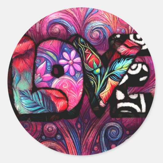 抽象芸術ラブワードグラフィティバレンタインピンク ラウンドシール (正面)