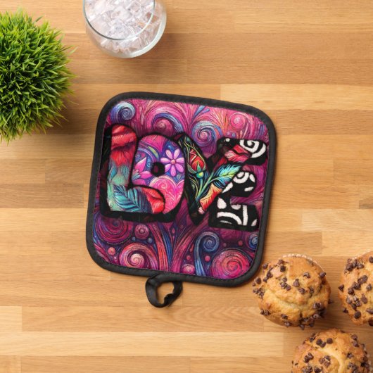 抽象芸術ラブワードグラフィティバレンタインピンク 鍋敷き (トップダウン)