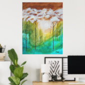 抽象芸術ランドスケープアート、スキニーツリー、ティール(緑がかった色)、金ゴールド ポスター (ホームオフィス)