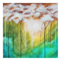 抽象芸術ランドスケープアート、スキニーツリー、ティール（緑がかった色）、金ゴールド