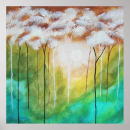 抽象芸術ランドスケープアート、スキニーツリー、ティール（緑がかった色）、金ゴールド ポスター