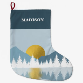 抽象芸術ランドスケープゴールデンウィンターサンセットサンライズ ラージクリスマスストッキング