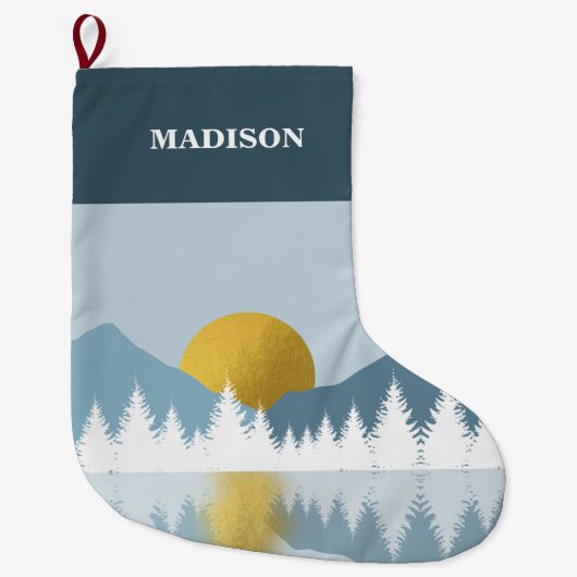 抽象芸術ランドスケープゴールデンウィンターサンセットサンライズ ラージクリスマスストッキング (正面)