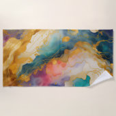 抽象芸術ランドスケープ紫ピンクブルー金ゴールド ビーチタオル (正面)