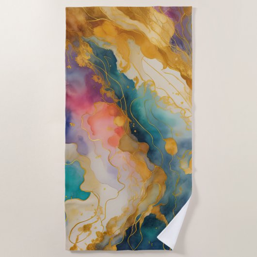 抽象芸術ランドスケープ紫ピンクブルー金ゴールド ビーチタオル (正面)