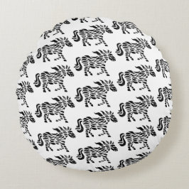 抽象芸術ランニングズホースウッドブロックプリント ラウンドクッション