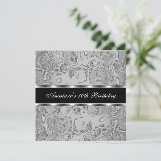 抽象芸術リキッドメタルシルバー30歳の誕生日 招待状 (スタンド正面)