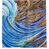 抽象芸術リップル波(青と金ゴールド) シャワーカーテン (正面)