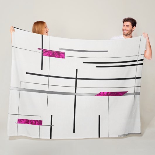 抽象芸術リニアアートブラック、シルバー、暗い赤紫色アクセント フリースブランケット (インサイチュ)