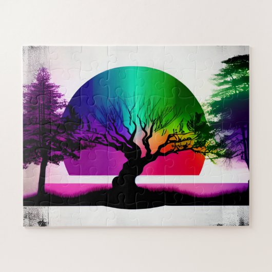 抽象芸術レインボーインフォレストツリーシルエット ジグソーパズル (横)
