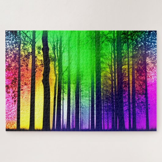 抽象芸術レインボーシルエットツリーズインザフォレスト ジグソーパズル (横)