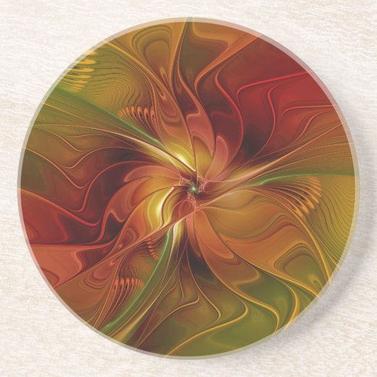 抽象芸術レッドオレンジ茶の緑のフラクタルアートフラワー コースター (正面)