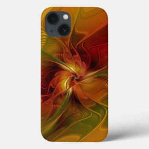 抽象芸術レッドオレンジ茶の緑のフラクタルアートフラワー iPhone 13ケース