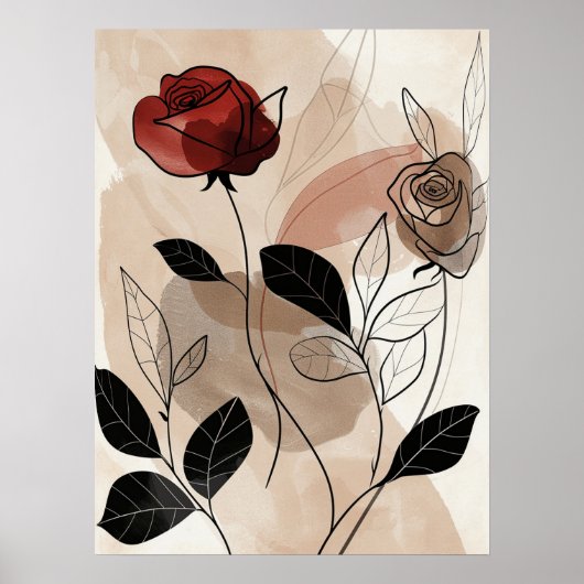 抽象芸術レッドブラックバラグリーン離れズラインアート ポスター (正面)