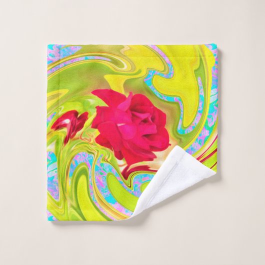 抽象芸術レッドローズオンイエローとアクアスワール ウォッシュタオル (ウォッシュタオル)