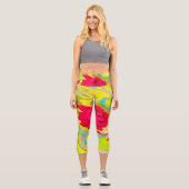 抽象芸術レッドローズオンイエローとアクアスワール カプリレギンス (正面)