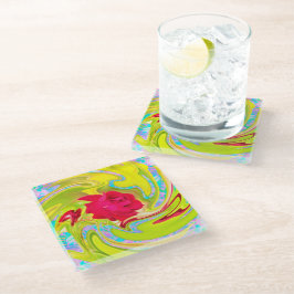 抽象芸術レッドローズオンイエローとアクアスワール ガラスコースター