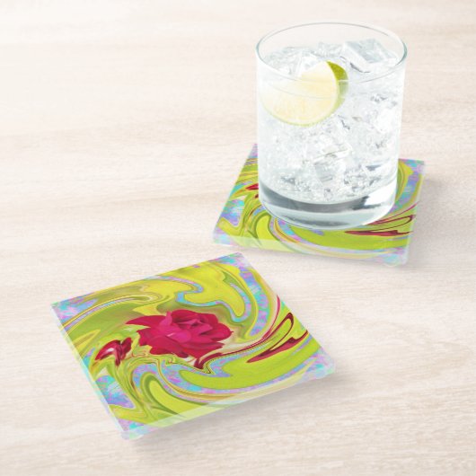 抽象芸術レッドローズオンイエローとアクアスワール ガラスコースター (アングル)