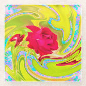 抽象芸術レッドローズオンイエローとアクアスワール ガラスコースター (正面)