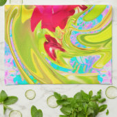 抽象芸術レッドローズオンイエローとアクアスワール キッチンタオル (折り畳み)