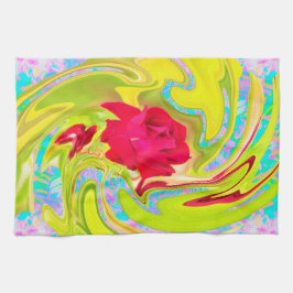 抽象芸術レッドローズオンイエローとアクアスワール キッチンタオル