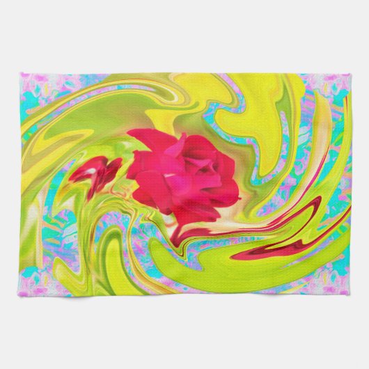 抽象芸術レッドローズオンイエローとアクアスワール キッチンタオル (横)