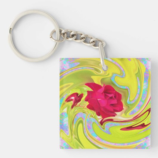 抽象芸術レッドローズオンイエローとアクアスワール キーホルダー (正面)