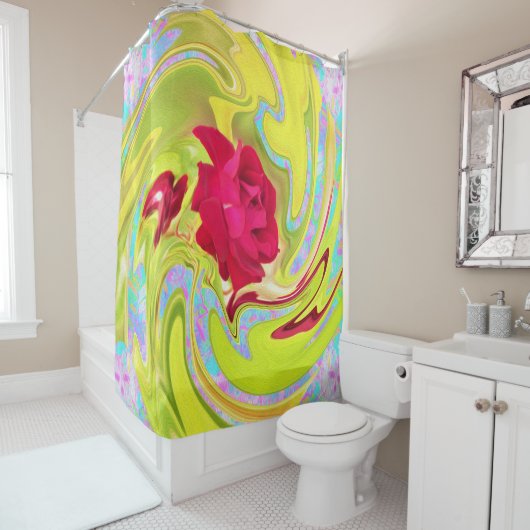 抽象芸術レッドローズオンイエローとアクアスワール シャワーカーテン (インサイチュ)