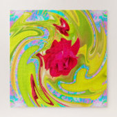 抽象芸術レッドローズオンイエローとアクアスワール ジグソーパズル (横)