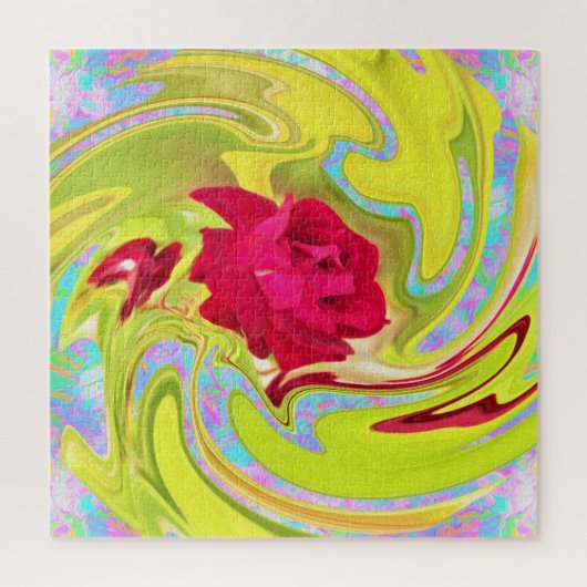 抽象芸術レッドローズオンイエローとアクアスワール ジグソーパズル (縦)