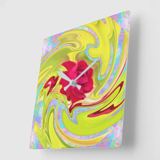 抽象芸術レッドローズオンイエローとアクアスワール スクエア壁時計 (傾斜)