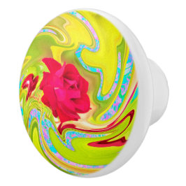 抽象芸術レッドローズオンイエローとアクアスワール セラミックノブ