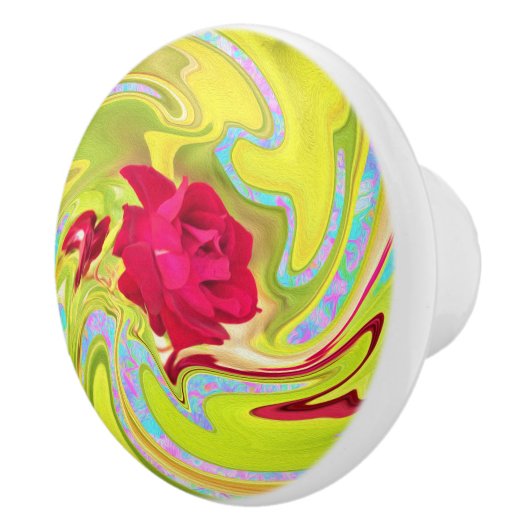 抽象芸術レッドローズオンイエローとアクアスワール セラミックノブ (右)
