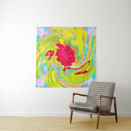 抽象芸術レッドローズオンイエローとアクアスワール タペストリー