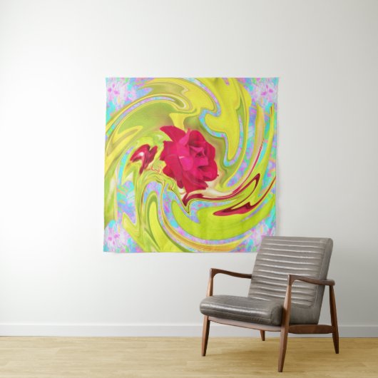 抽象芸術レッドローズオンイエローとアクアスワール タペストリー (インサイチュ)