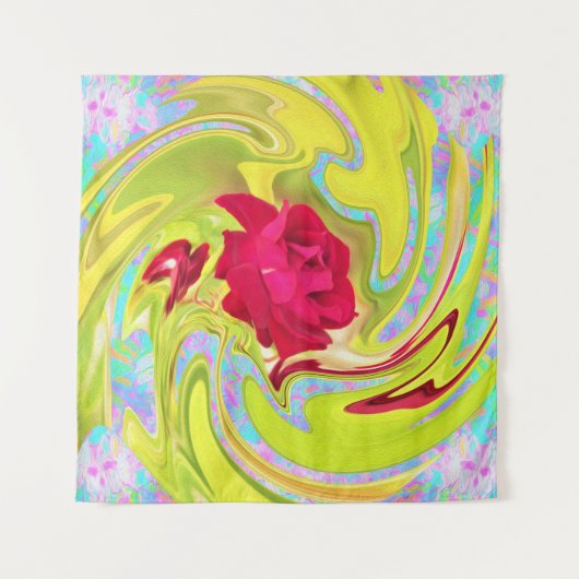 抽象芸術レッドローズオンイエローとアクアスワール タペストリー (正面)