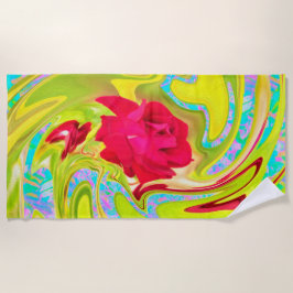 抽象芸術レッドローズオンイエローとアクアスワール ビーチタオル