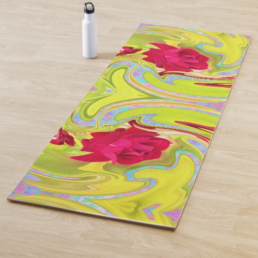 抽象芸術レッドローズオンイエローとアクアスワール ヨガマット (インサイチュ)
