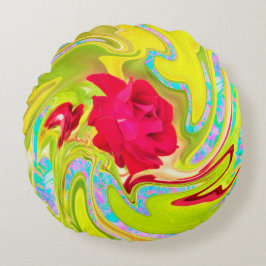抽象芸術レッドローズオンイエローとアクアスワール ラウンドクッション