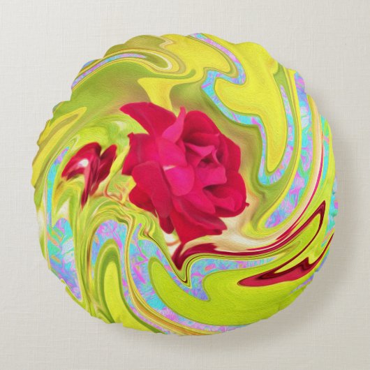 抽象芸術レッドローズオンイエローとアクアスワール ラウンドクッション (正面)